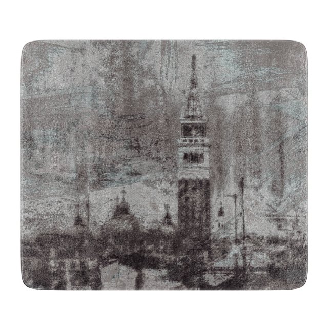 Taupe und Cyan Distressed Skyline Venice Italien Schneidebrett (Vorderseite)