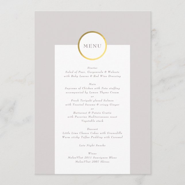 Taupe und Gold Foil Circle Mongram Wedding Menükarte (Vorderseite)
