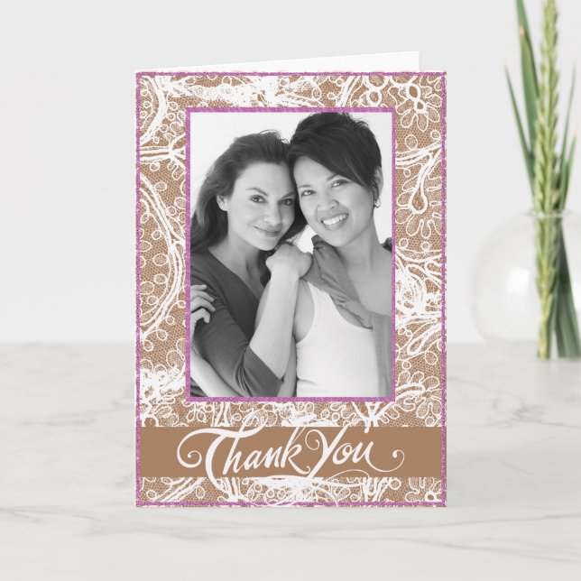 Taupe und Lavender Foto Wedding Vielen Dank Dankeskarte (Vorderseite)