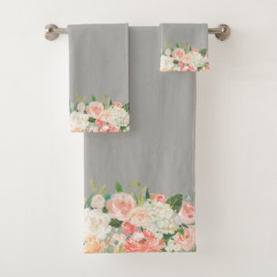 Taupe und Peach Wassercolor Blumenmuster Badhandtuch Set