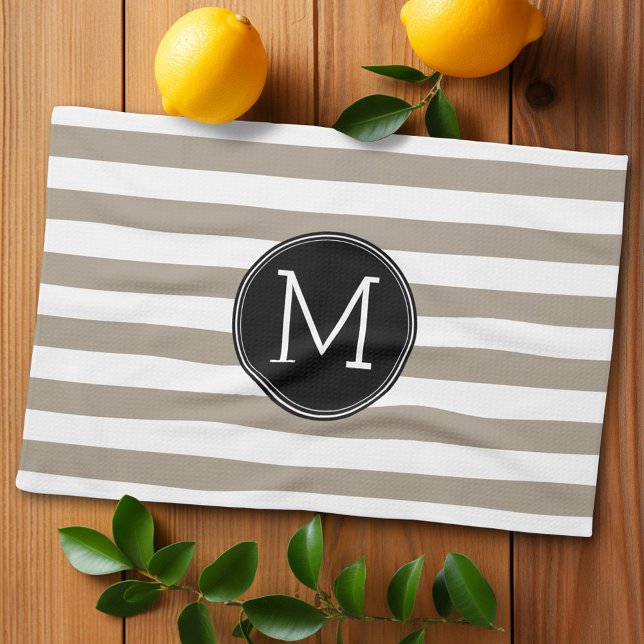 Taupe und weißes Streifenmuster Schwarzes Monogram Handtuch (Personalized kitchen towel with monogram)