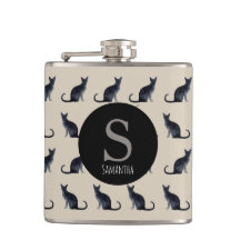 Taupe Watercolor Black Cat Monogram Flask