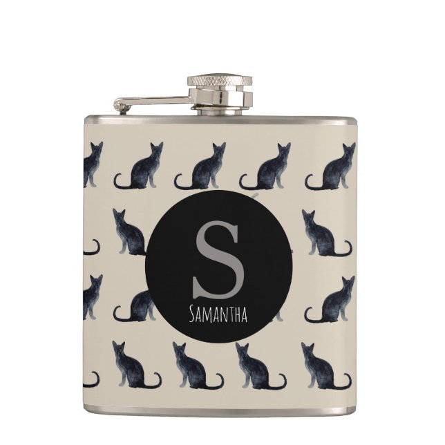 Taupe Watercolor Black Cat Monogram Flask Flachmann (Vorderseite)