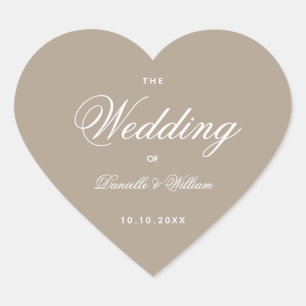 Taupe Wedding Heart Simple Elegantes White Script Herz-Aufkleber