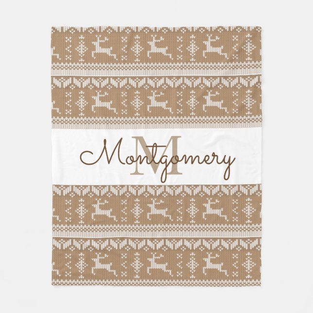 Taupe & White Rentier Nordic Sweater Pattern Fleecedecke (Vorderseite)