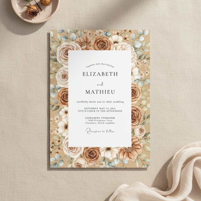 Taupe & White Rustic Bloom Wedding Einladung (Von Creator hochgeladen)