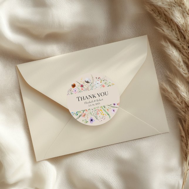 Taupe Wildblume Meadow Wedding Danke Sticker (Taupe Wildflower Meadow Wedding Thank You Sticker on an elegant wedding envelope)