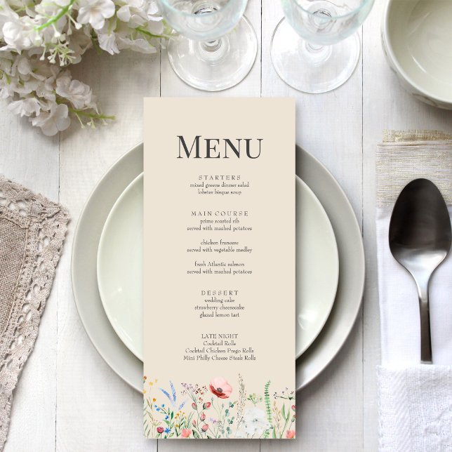 Taupe Wildblume Meadow Wedding Menu Card Menükarte (Taupe Wildflower Meadow Wedding Menu Card on a boho white wedding dinner table.)