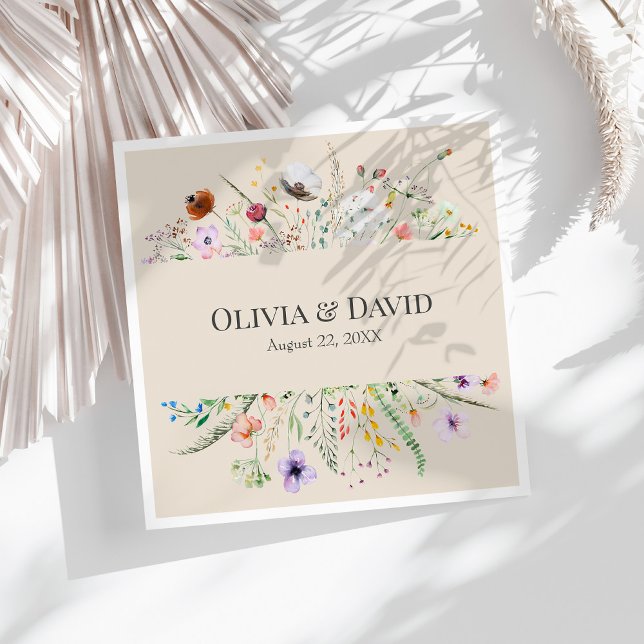 Taupe Wildblume Meadow Wedding Napkins Serviette (Taupe Wildflower Meadow Wedding Napkins on a sunny white table.)