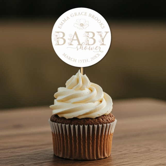 Taupe Wildflower Baby Shower Round Favor Sticker (Baby Shower Favor Sticker)