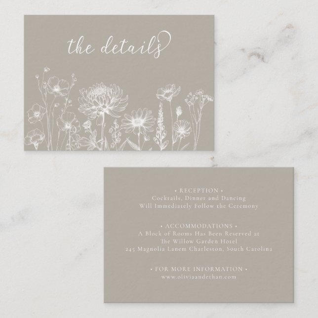 Taupe Wildflower Details Card Neutral Wedding  Begleitkarte (Vorne/Hinten)