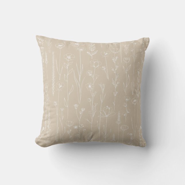 Taupe Wildflower Line Art Floral Throw Pillow Kissen (Vorderseite)