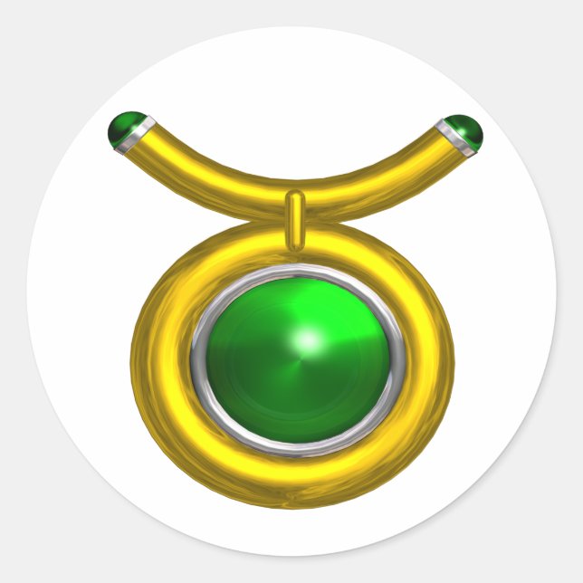 TAURUS / GOLD, GREEN EMERALD ZODIAC SIGN JEWEL RUNDER AUFKLEBER (Vorderseite)