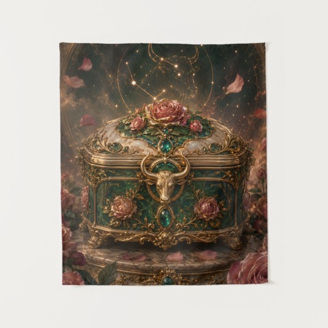 Taurus Rose Treasury Truhe Zodiac Kunst Wandteppich (Vorderseite)