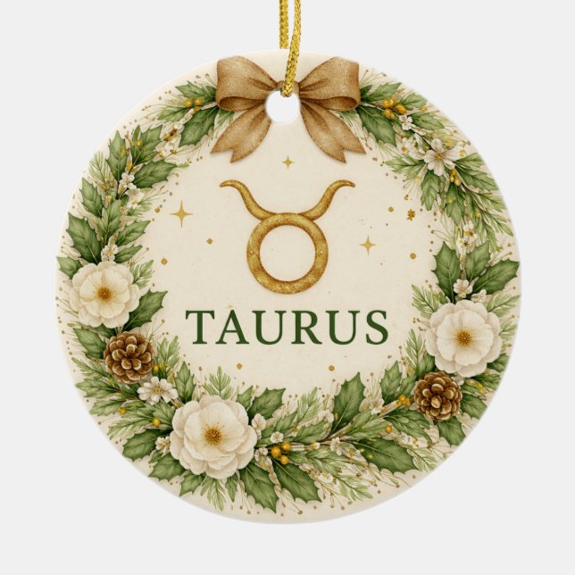 Taurus-Sternzeichen-Weihnachtsbaumschmuck – Winter Keramik Ornament (Vorne)