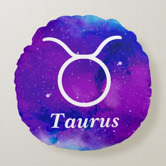 Taurus Symbol Lila Blauer Nebel Rundes Kissen (Vorderseite)