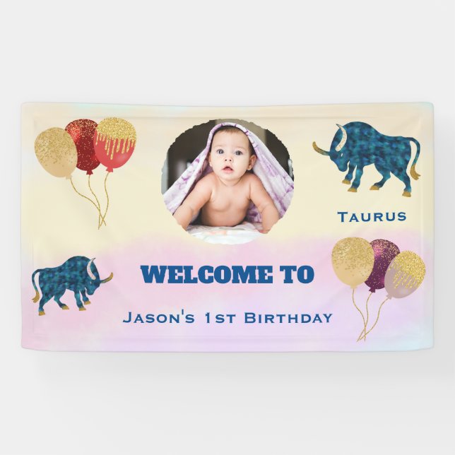 Taurus Watercolor 1st Birthday Photo Sign Banner (Horizontal)