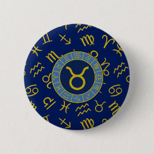 Taurus Zodiac+Astrology Symbole Muster Gold+Blues Button