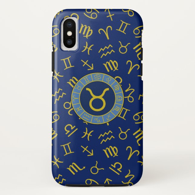 Taurus Zodiac+Astrology Symbole Muster Gold+Blues Case-Mate iPhone Hülle (Rückseite)