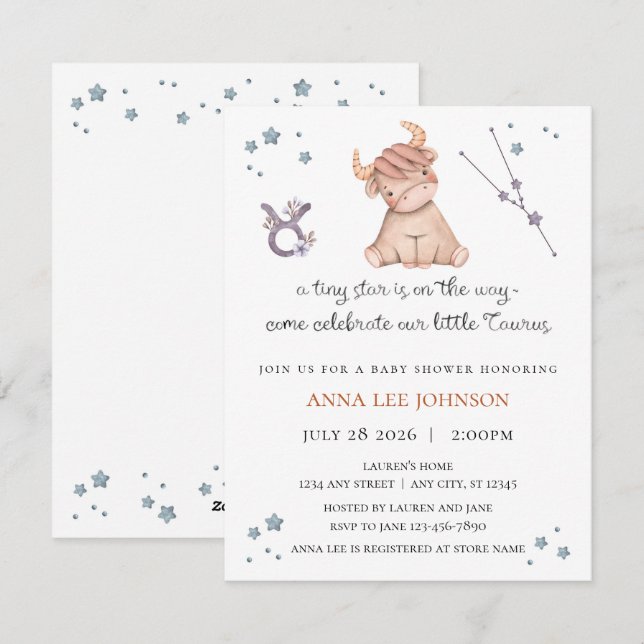 Taurus Zodiac Baby Shower Invitation Feiertagskarte (Vorne/Hinten)
