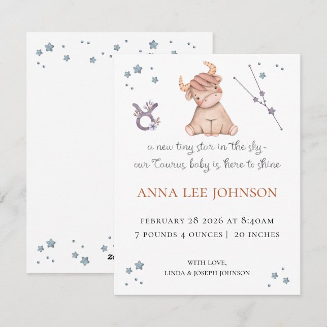 Taurus Zodiac Birth Announcement Feiertagskarte (Vorne/Hinten)