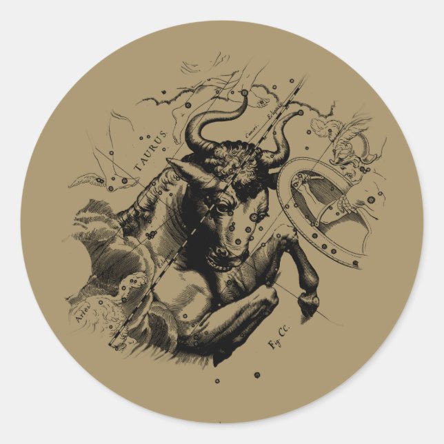 Taurus Zodiac Constellation Map Hevelius 1690 Runder Aufkleber (Vorderseite)
