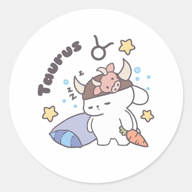 Taurus Zodiac Dreamer - Niedlicher Sleepy Bunny Runder Aufkleber (Vorderseite)
