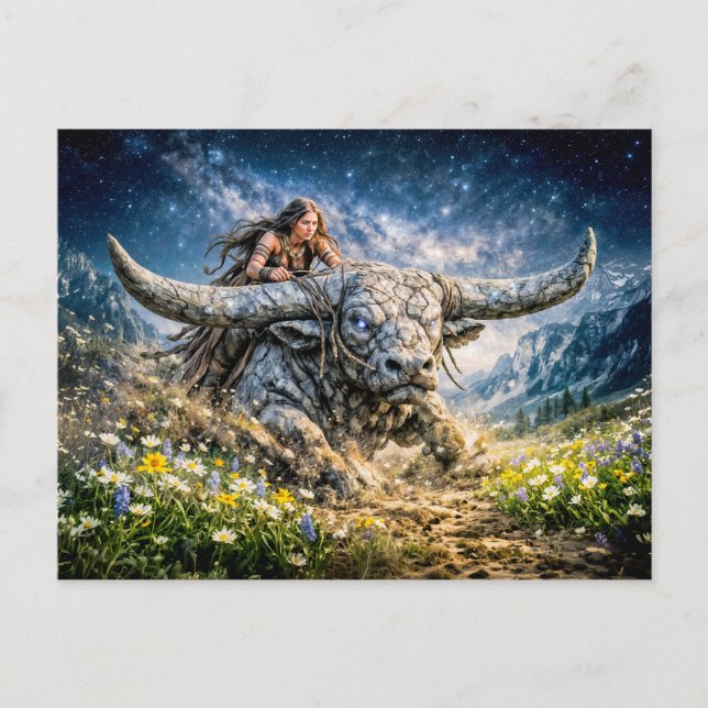 Taurus Zodiac Riding a Mystical Horned Beast Postkarte (Vorderseite)