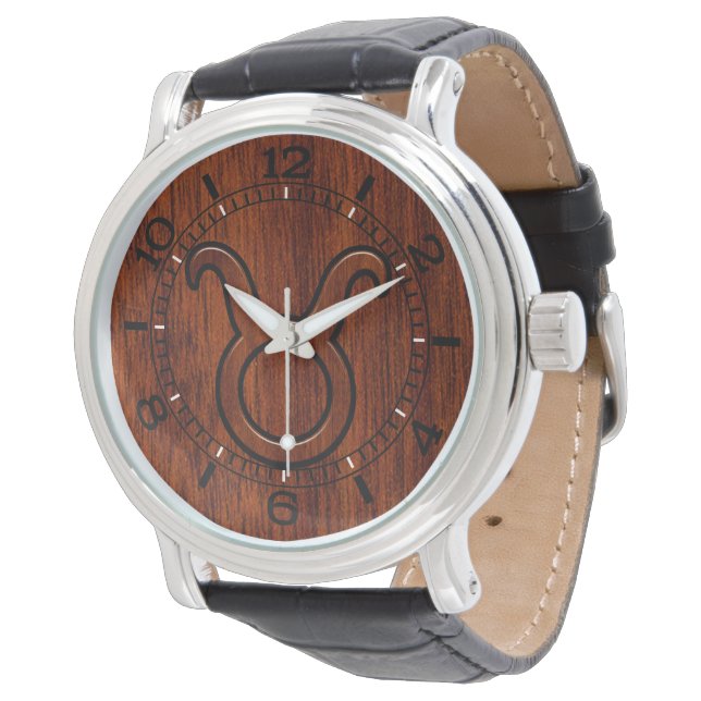 Taurus Zodiac Sign auf Mahogany Style Dial Armbanduhr (Schrägansicht)