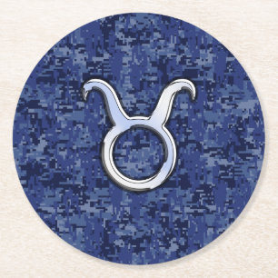 Taurus Zodiac Sign auf Navy Blue Digital Camouflag Runder Pappuntersetzer