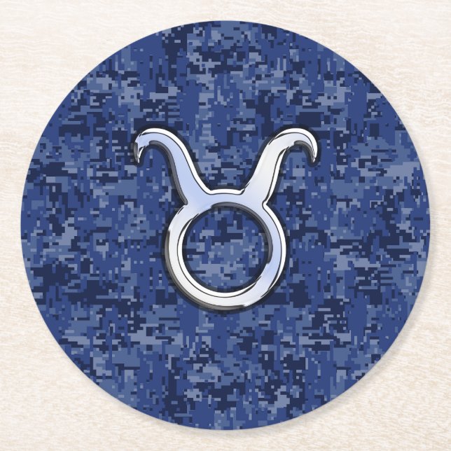 Taurus Zodiac Sign auf Navy Blue Digital Camouflag Runder Pappuntersetzer (Vorderseite)
