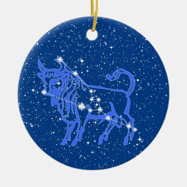 Taurus Zodiac Sign mit Sternen auf Deep Blue Keramik Ornament (Vorne)