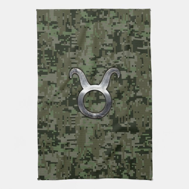 Taurus Zodiac Symbol auf Green Digital Camouflage Küchentuch (Vertikal)
