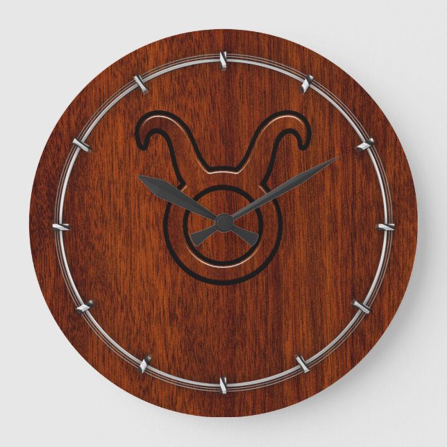 Taurus Zodiac Symbol auf Rich Mahogany wie Druck Große Wanduhr (Vorderseite)