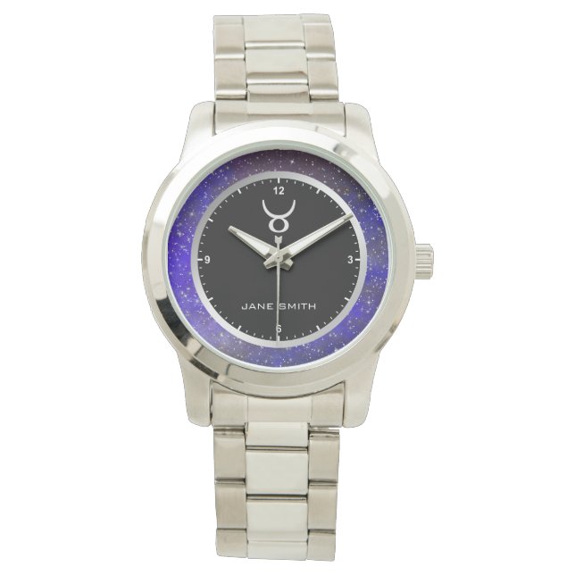 Taurus Zodiac Symbol Galaxy Stars Individuelle Nam Armbanduhr (Vorderseite)