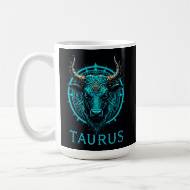 Taurus Zodiac Symbol in lebendigem Blau und Gold A Kaffeetasse (Links)