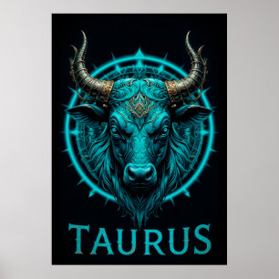 Taurus Zodiac Symbol in lebendigem Blau und Gold A Poster
