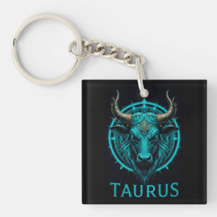 Taurus Zodiac Symbol in lebendigem Blau und Gold A Schlüsselanhänger