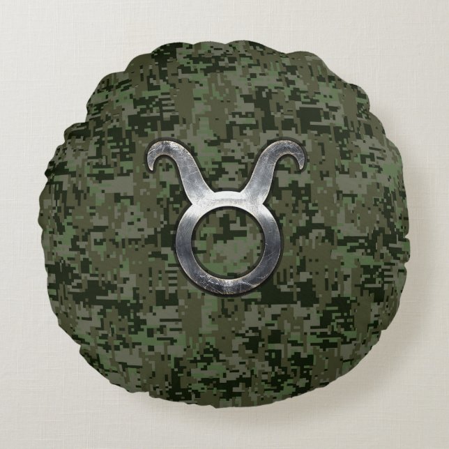 Taurus Zodiac Symbol on Green Digital Camo Rundes Kissen (Vorderseite)