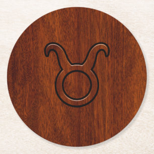 Taurus Zodiac Symbol on Mahogany Decor Runder Pappuntersetzer