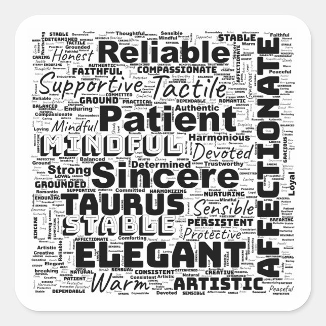 Taurus Zodiac Word Cloud Inspiration Quadratischer Aufkleber (Vorderseite)