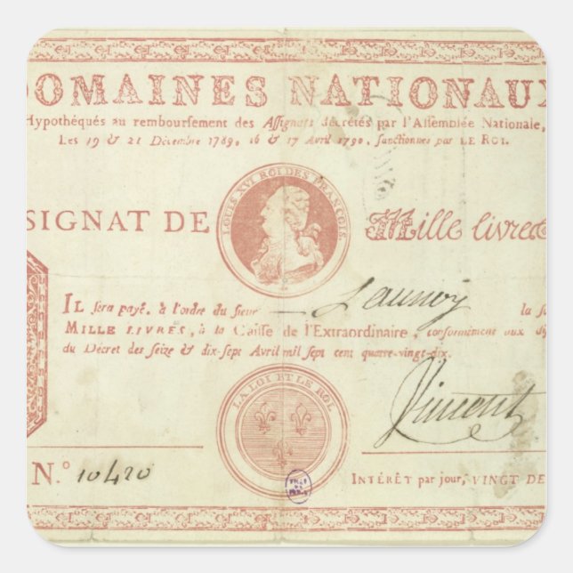 Tausende Livre-Banknoten mit Louis XVI Quadratischer Aufkleber (Vorderseite)
