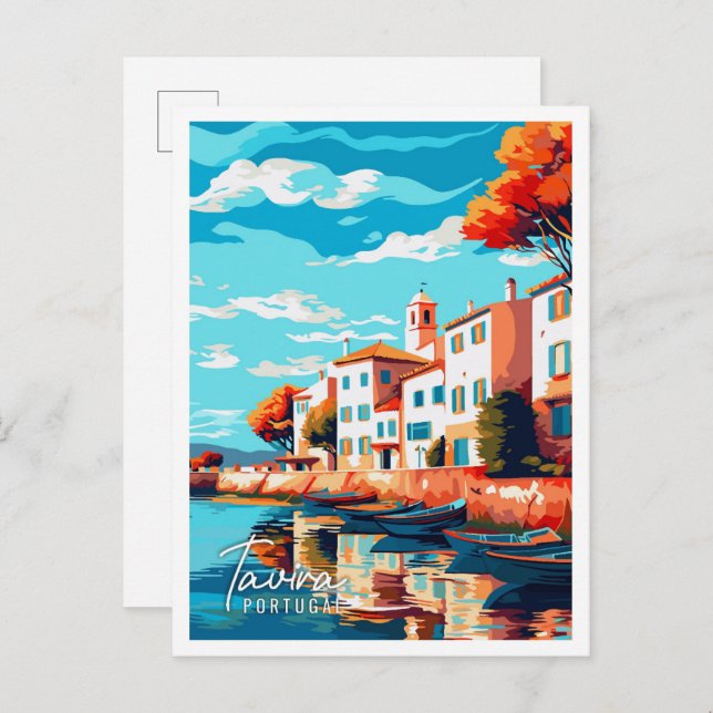 Tavira Portugal Vintage Reise Illustration Postkarte (Vorne/Hinten)