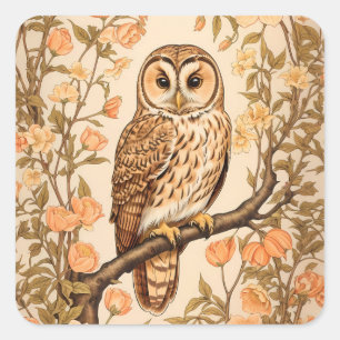Tawny Owl Peach Blossoms William Morris Inspiriert Quadratischer Aufkleber