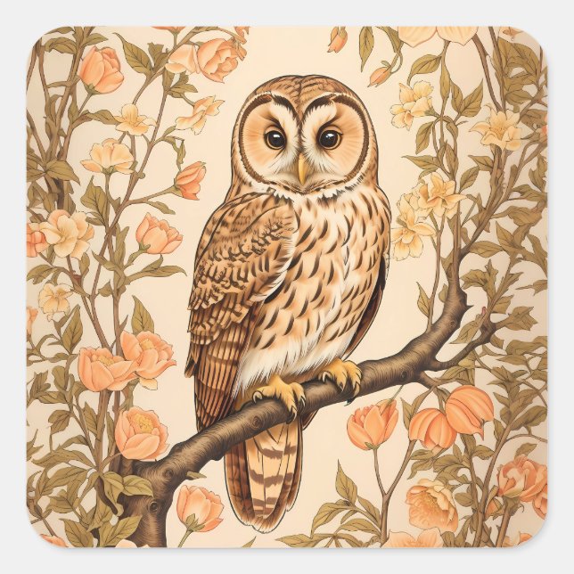 Tawny Owl Peach Blossoms William Morris Inspiriert Quadratischer Aufkleber (Vorderseite)