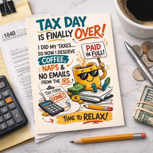 Tax Day Is Finally Over Funny Coffee Relax Postkarte (Von Creator hochgeladen)