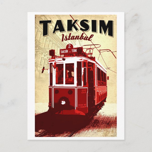 Taxim, rote Straßenbahn, Istanbul, Türkei, Vintage Postkarte (Vorderseite)