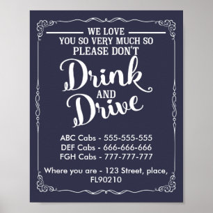 Taxis Hochzeitsschild nicht trinken und fahren Poster
