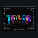 Taylor - Der Name Taylor in 3D-Leuchten (Foto) Fotodruck<br><div class="desc">Ein bisschen Magie für den Taylor in deinem Leben! Der Name Taylor spiegelt sich in Stillwasser wider, mit schwimmenden Folienhexagonen. Die Buchstaben sehen so aus, als ob sie aus gebrochenem Eis oder Kristall geschnitzt wären. Dieses Bild ist ein Foto von handgefertigten Briefen, die sich zufällig ändern und einzigartige Muster und...</div>