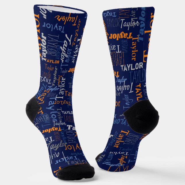 Taylor personalisierter Name orange blau grau Socken (Gewinkelt)